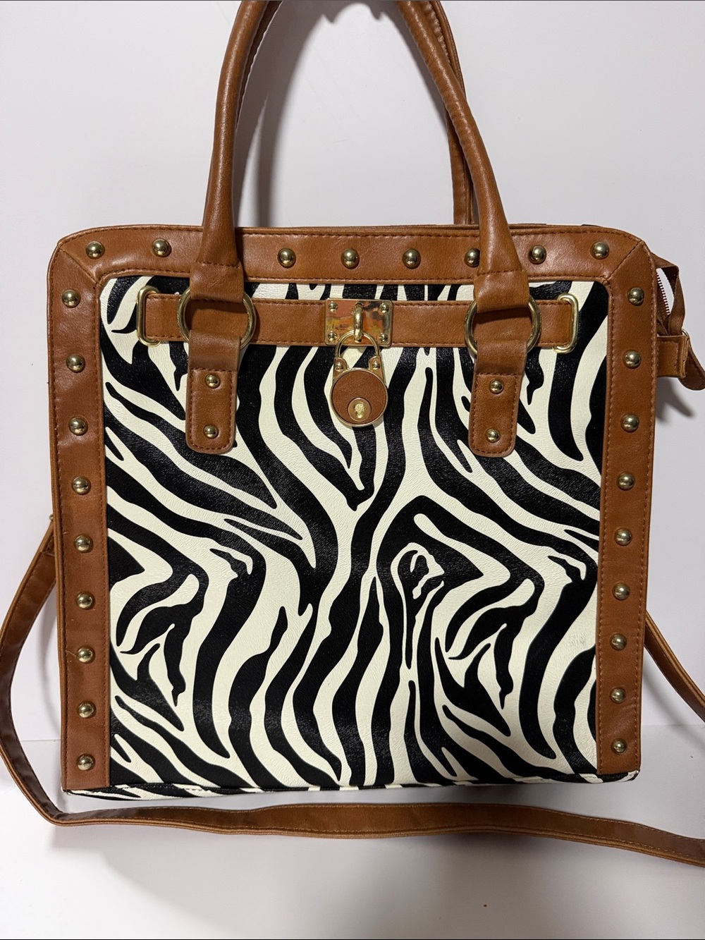 Zebra-Print Brown Trim Satchel with Gold Hardware